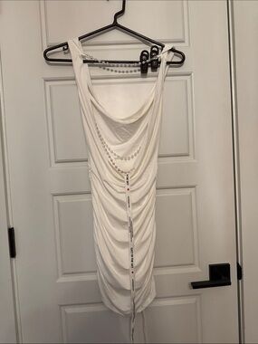 Lucy in the Sky White Draped Mini Dress with Pearl Chains